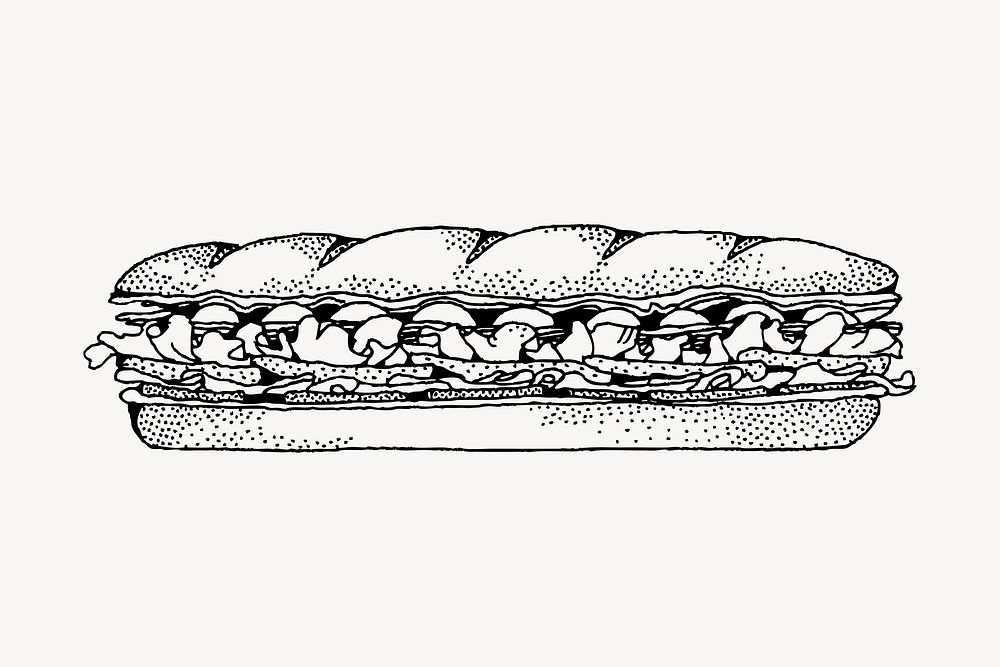 Baguette sandwich hand drawn, illustration vector. Free public domain CC0 image.