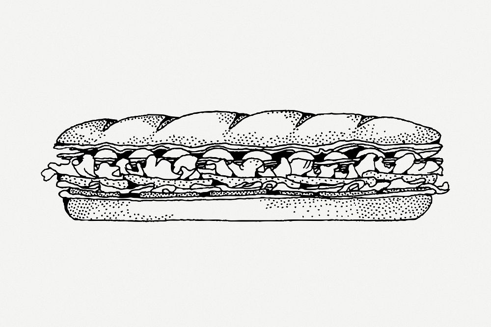 Baguette sandwich clipart, food collage element illustration psd. Free public domain CC0 image.