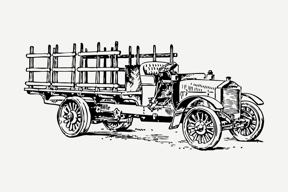 Heavy truck drawing, vehicle vintage illustration psd. Free public domain CC0 image.