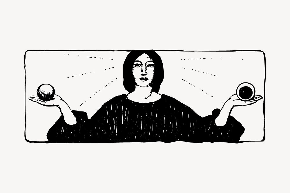 Woman holding balls drawing, vintage religious illustration vector. Free public domain CC0 image.