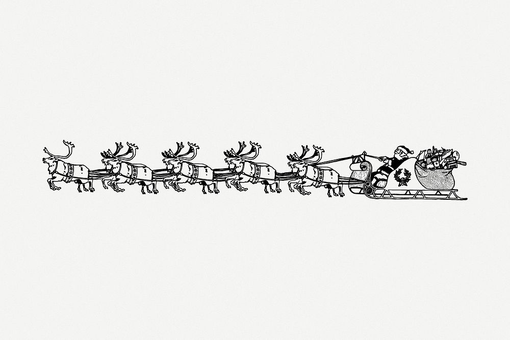 Santa sleigh drawing, Christmas vintage illustration psd. Free public domain CC0 image.