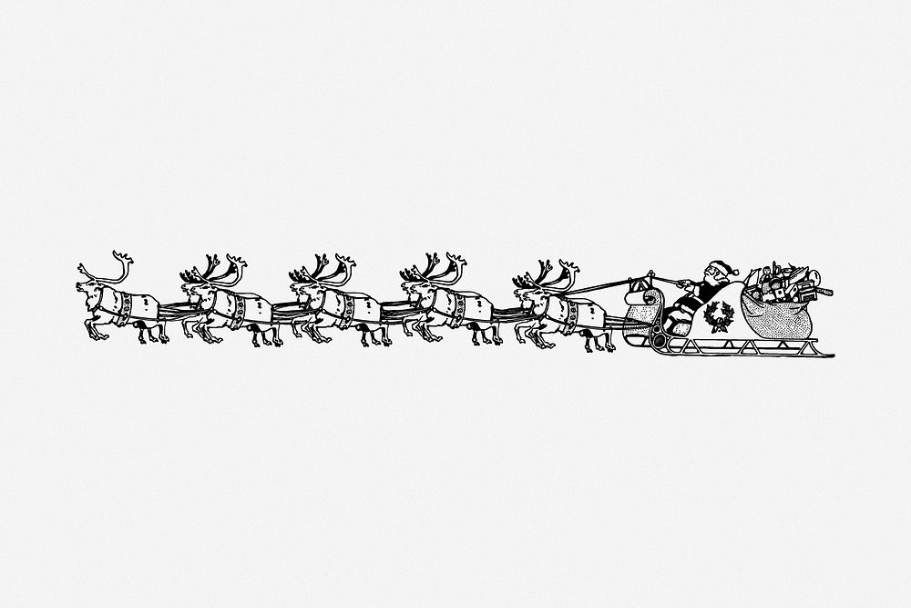 Santa sleigh drawing, Christmas vintage illustration. Free public domain CC0 image.