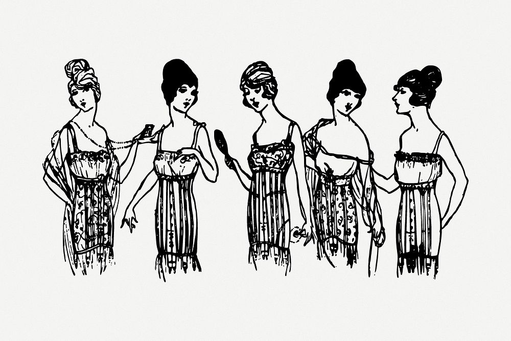 Gatsby women drawing, fashion vintage illustration psd. Free public domain CC0 image.