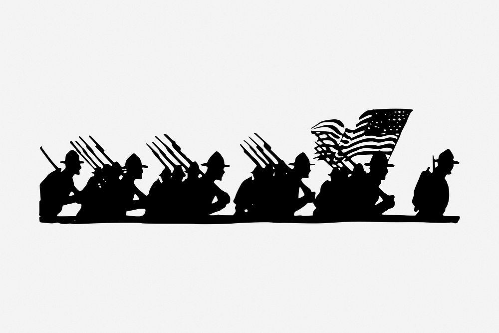 Marching soldiers silhouette drawing, vintage illustration. Free public domain CC0 image.