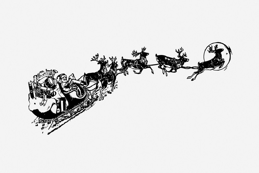 Flying Santa sleigh  drawing, Christmas vintage illustration. Free public domain CC0 image.
