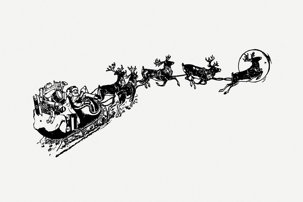 Flying Santa sleigh  drawing, Christmas vintage illustration psd. Free public domain CC0 image.