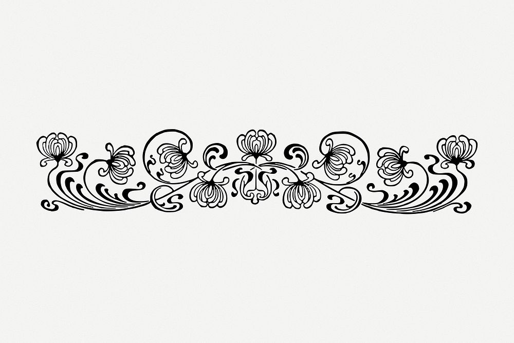 Floral divider drawing, border vintage illustration psd. Free public domain CC0 image.