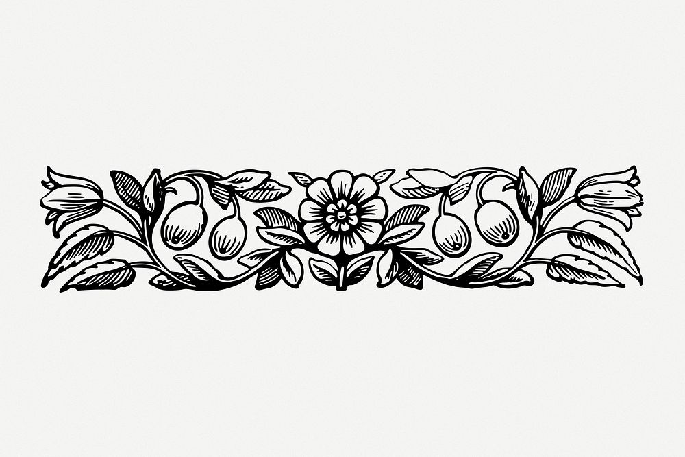 Floral border drawing, divider vintage illustration psd. Free public domain CC0 image.