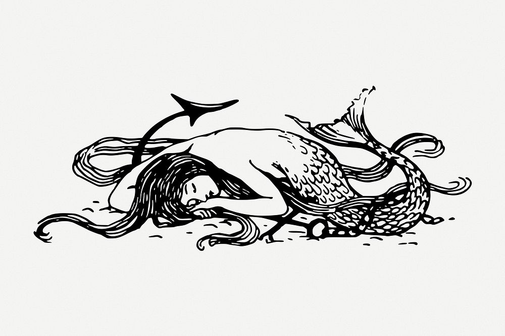 Sleeping mermaid drawing, fairytale vintage illustration psd. Free public domain CC0 image.