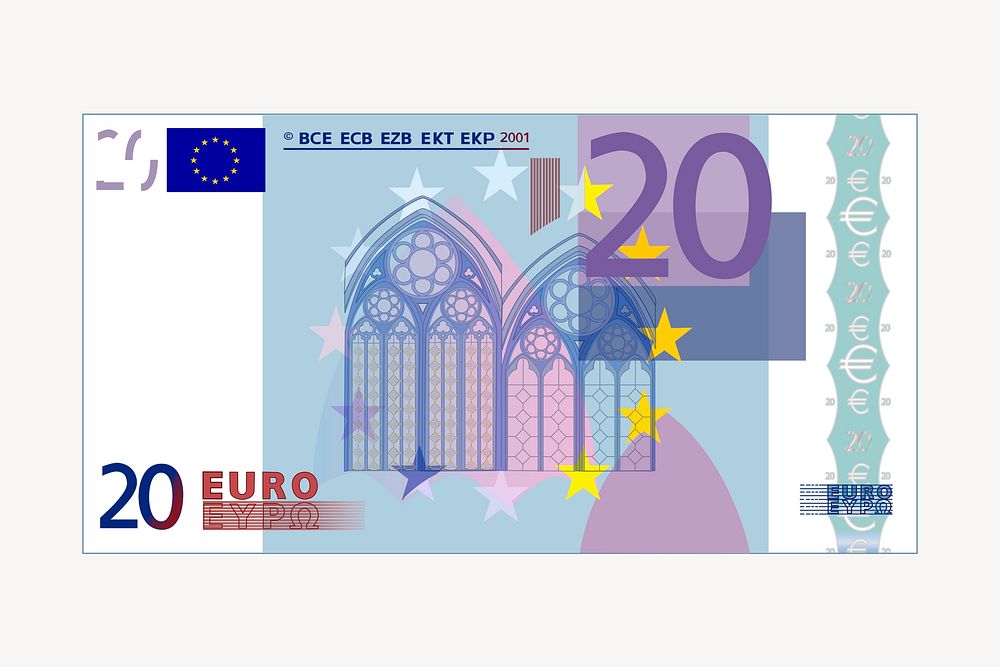 20 Euro bill clipart, illustration vector. Free public domain CC0 image.
