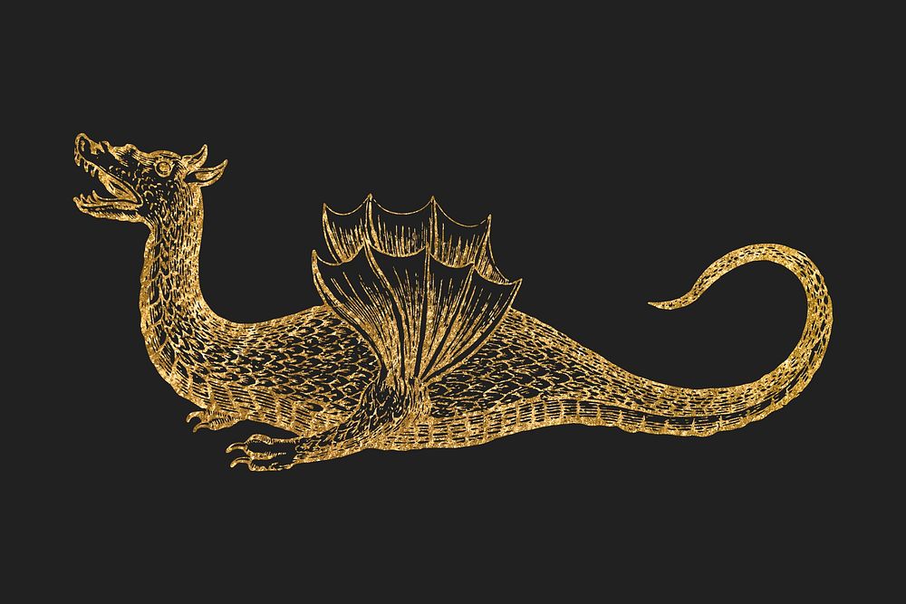 Gold dragon clipart, aesthetic mythical creature illustration psd