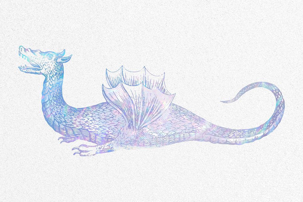 Aesthetic dragon clipart, vintage holographic illustration