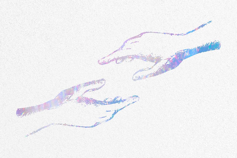Aesthetic helping hands clipart, vintage holographic illustration