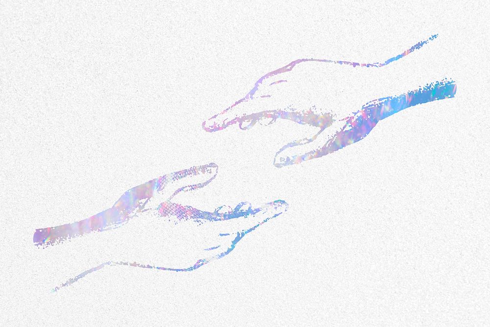 Aesthetic helping hands collage element, holographic illustration psd