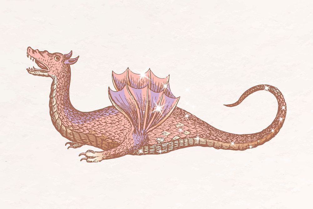 Dragon aesthetic clipart, mythical creature glittery illustration psd