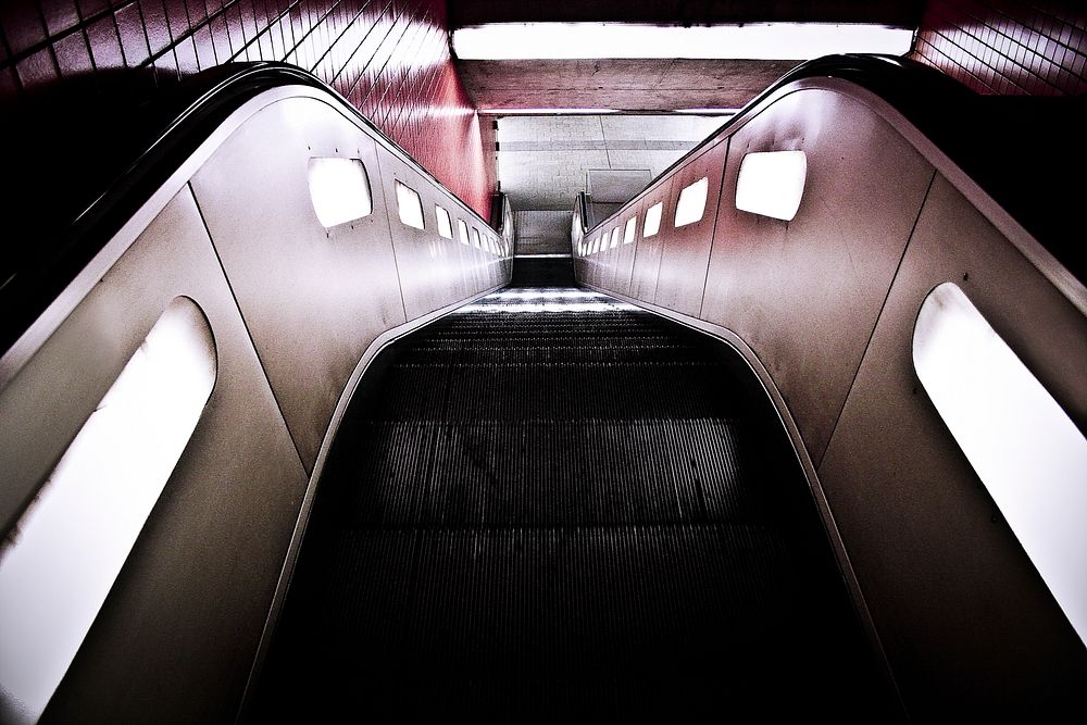 Downward perspective of an escalator