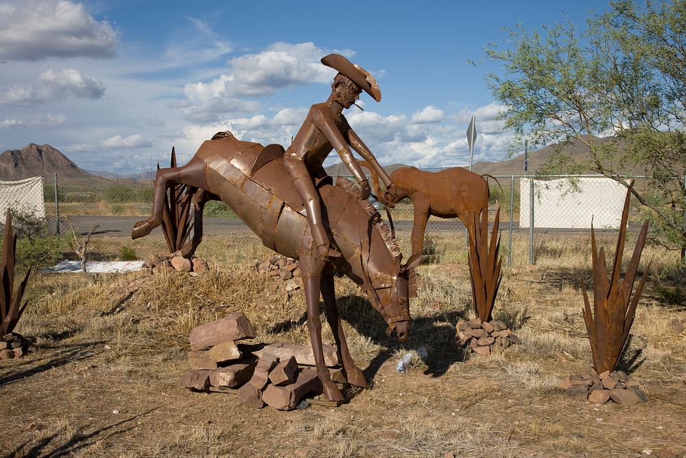 Iron horses metal art and cacti near Sedona, Arizona. Original image from Carol M. Highsmith&rsquo;s America, Library of…