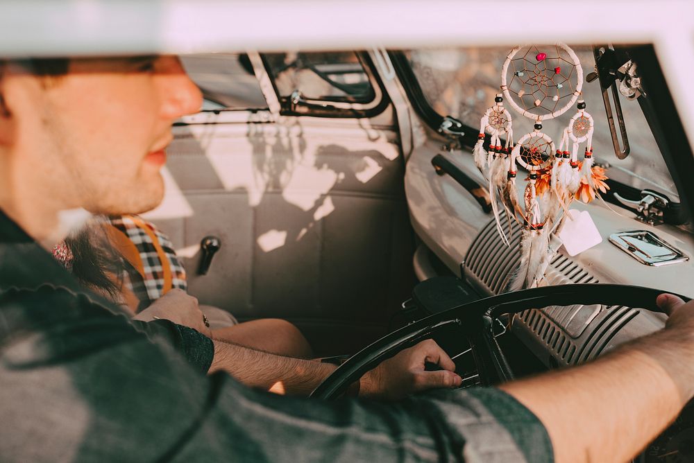 Man driving minivan, road trip travel photo in aesthetic style