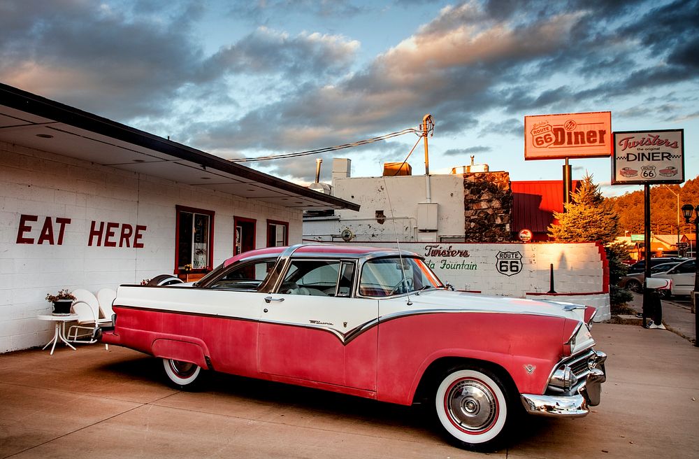 Vintage auto &mdash; and restaurant &mdash; along historic U.S. Route 66, once the two-lane &ldquo;Mother Road&rdquo;…