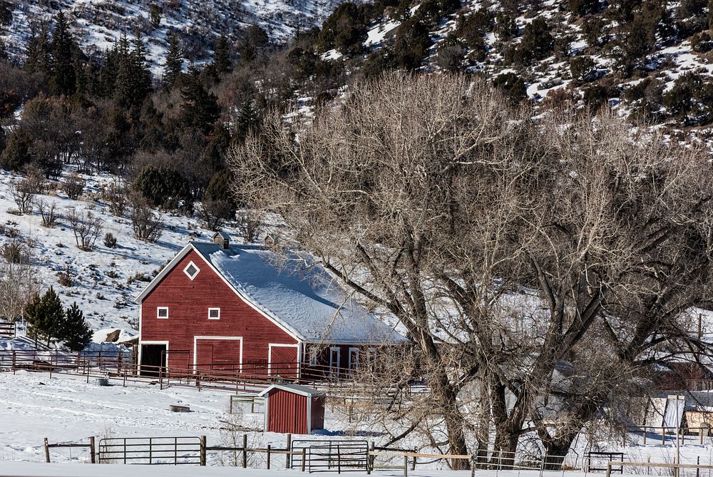 Red barn and outbuilding near Snowmass Village, a ski-resort community outside Aspen, Colorado. Original image from Carol M.…