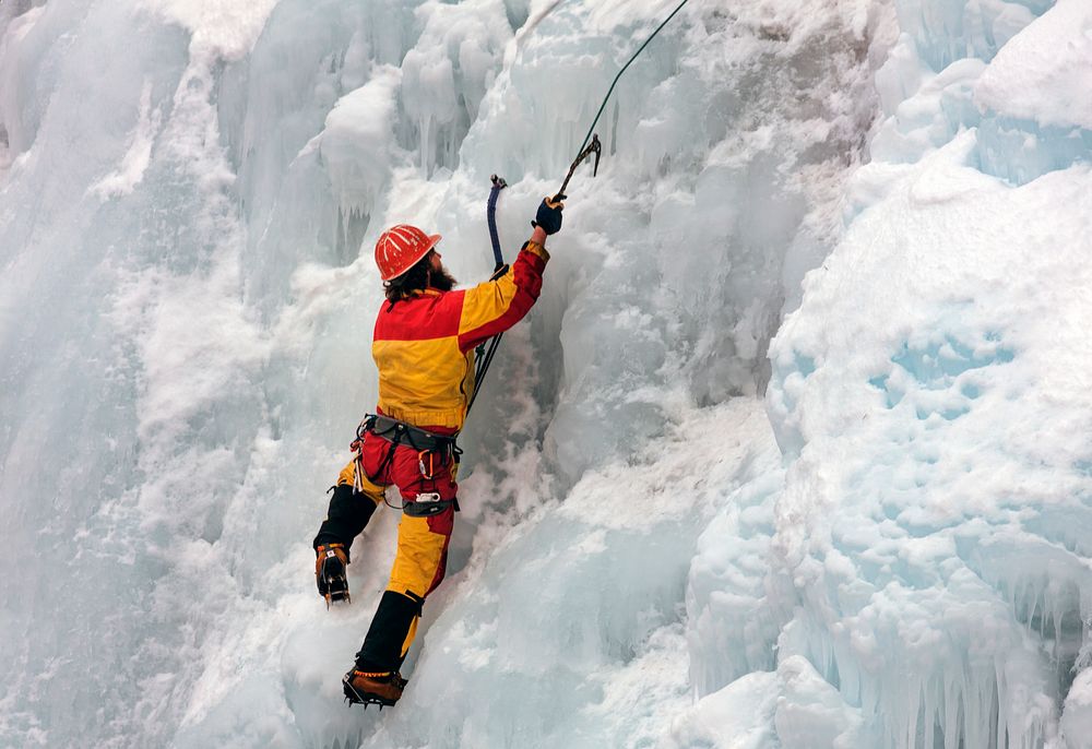 Climber at the Ouray Ice Park, a human-made ice climbing venue in a natural gorge within walking distance of the city of…