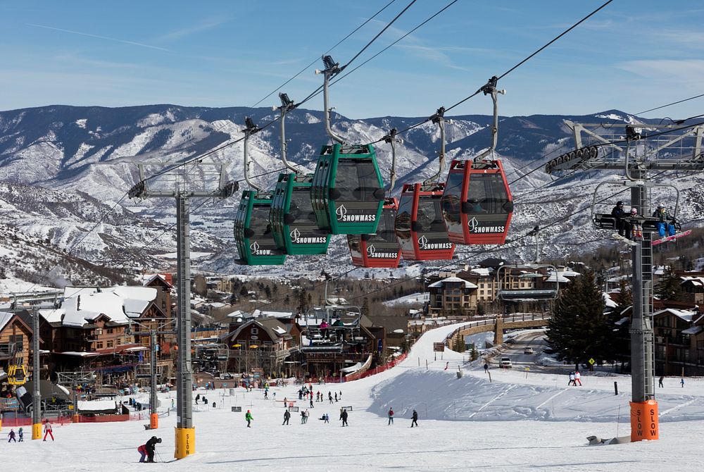 Scene at Snowmass, a skiing and snowboarding area Pitkin County, Colorado, in the valley of the Roaring Fork River between…