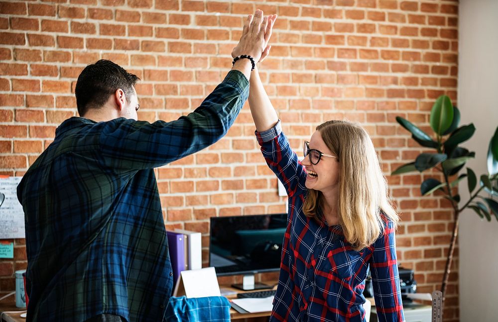 Caucasian colleagues give each other high five