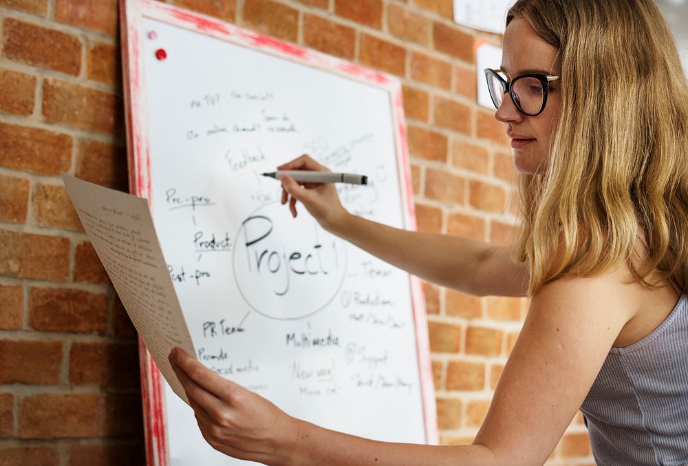 Caucasian woman writing project plan on white board