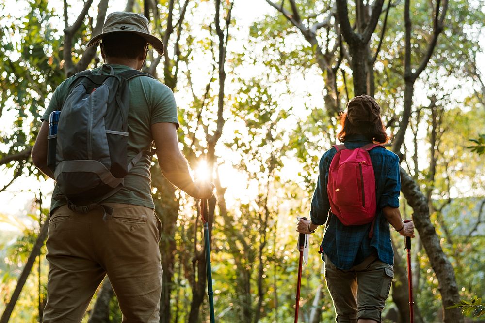 Couple trekking together in a forest