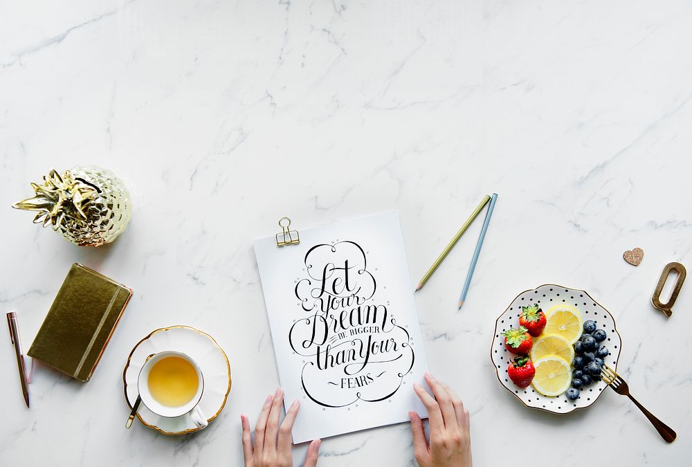 Flatlay copy space and vintage cliche inspirational text