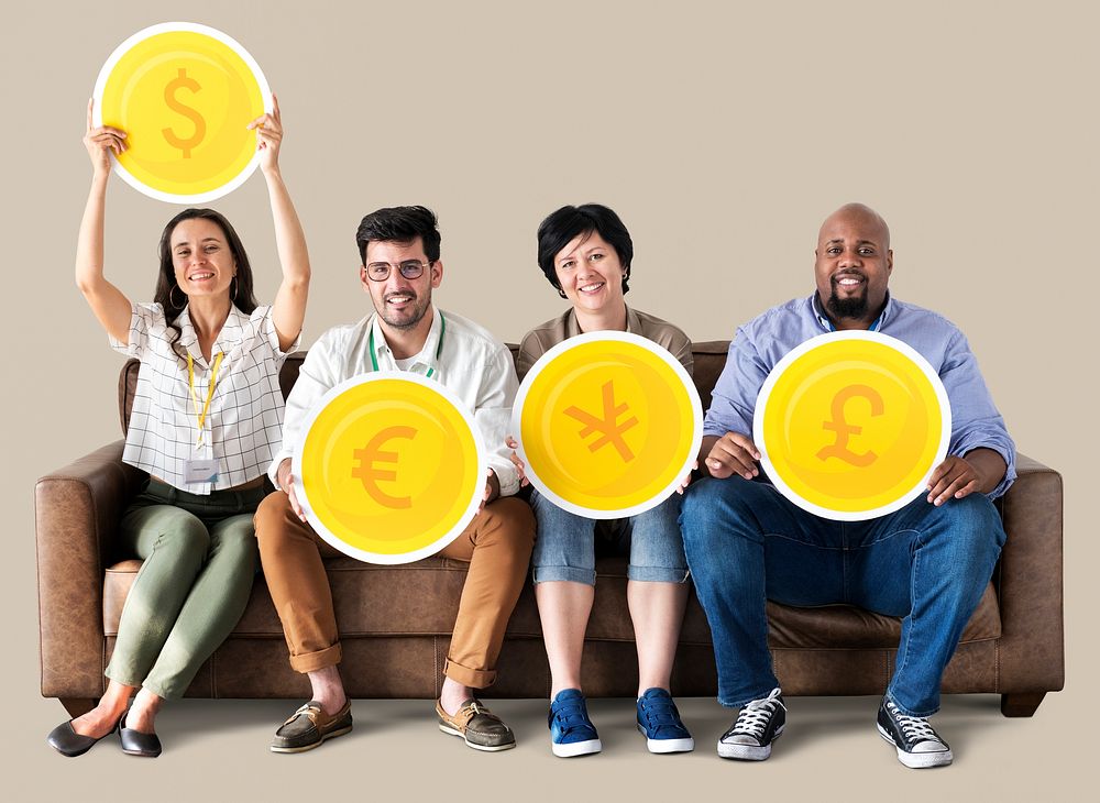 Diverse people holding currency icons