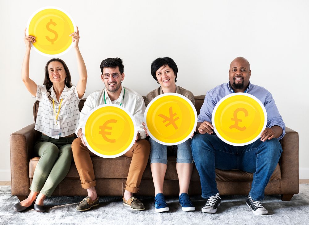 Diverse workers sitting and holding currency icons