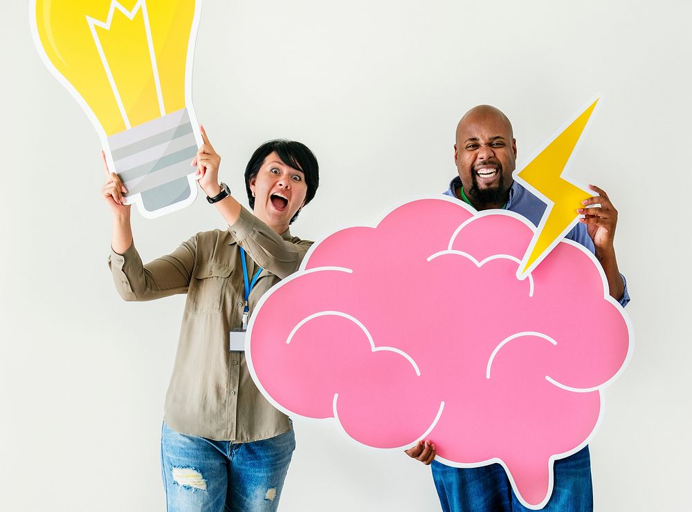 Man and woman holding light bulb and pink cloud icons