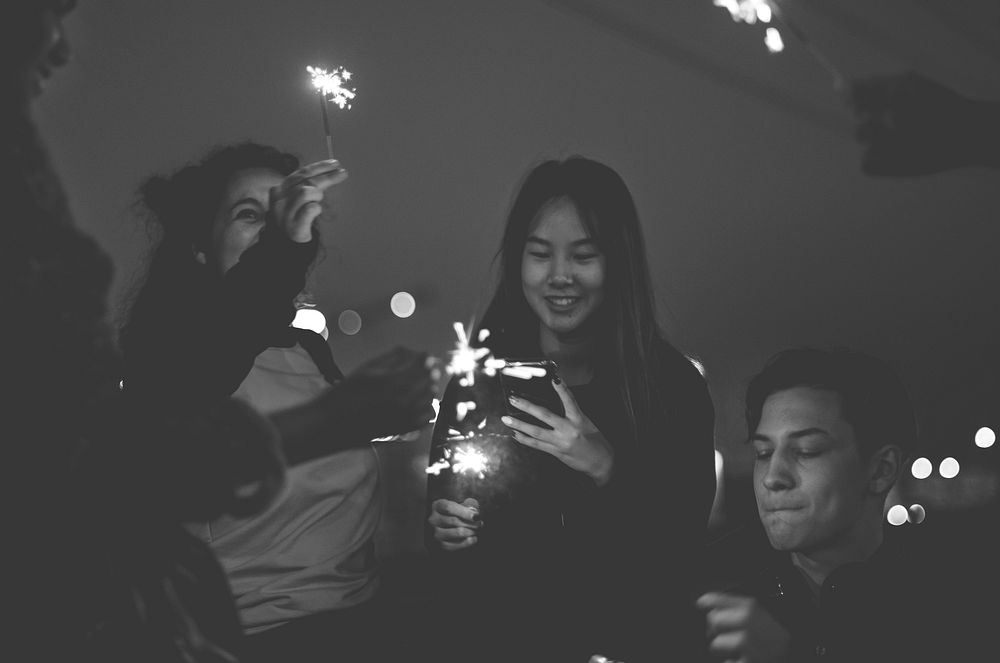 Group of school friends happiness and playing firework