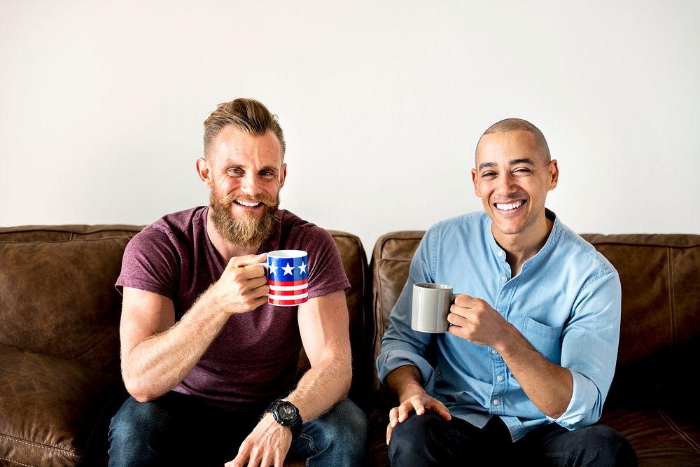 White men having morning coffee together