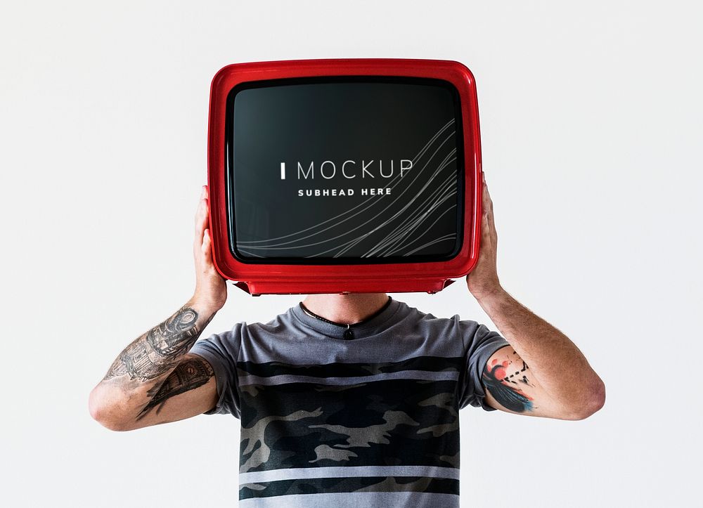 Man with a television screen mockup