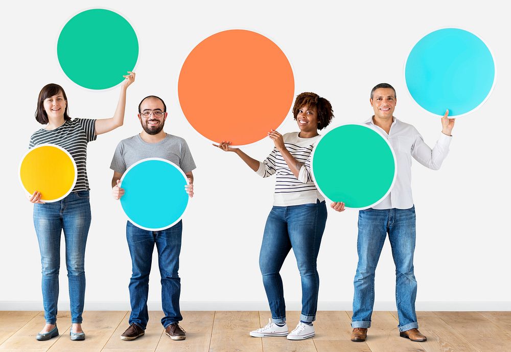 Diverse people holding colorful circles