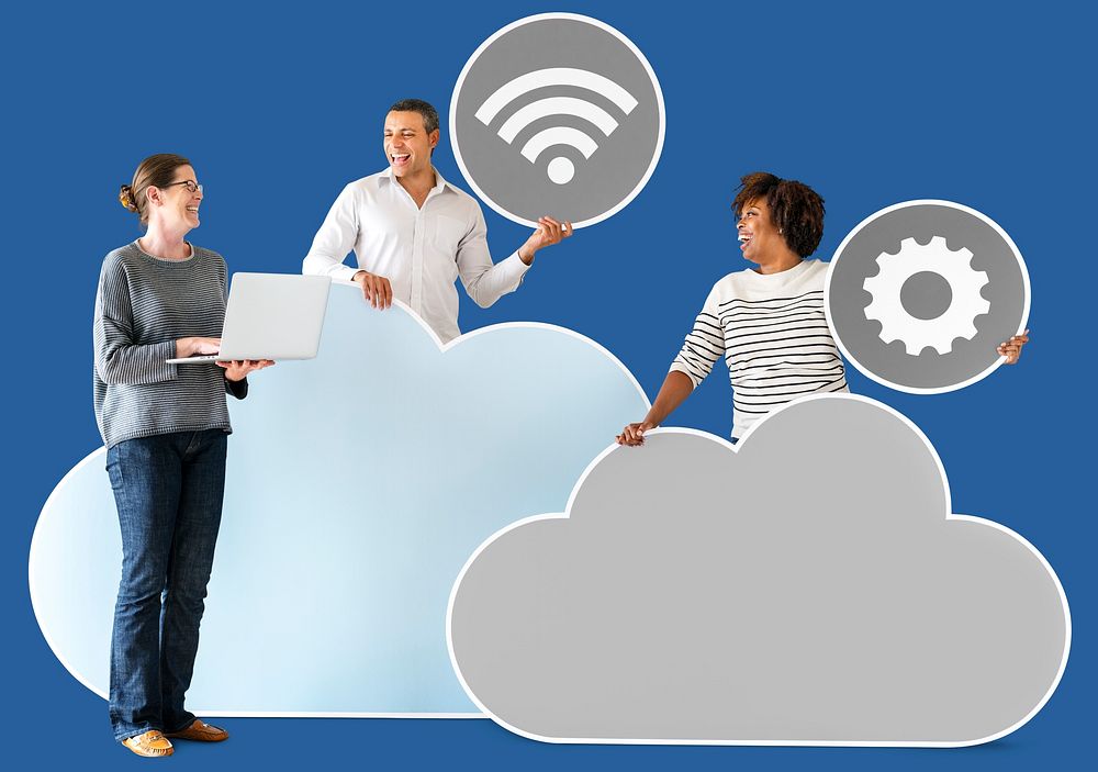 Happy people with cloud and technology icons