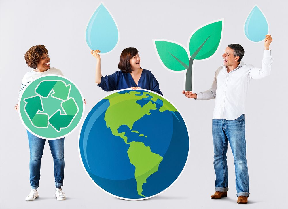 People with environment and recycling icons