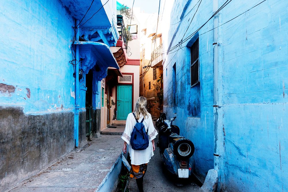 Western woman exploring the blue city, Jodhpur India