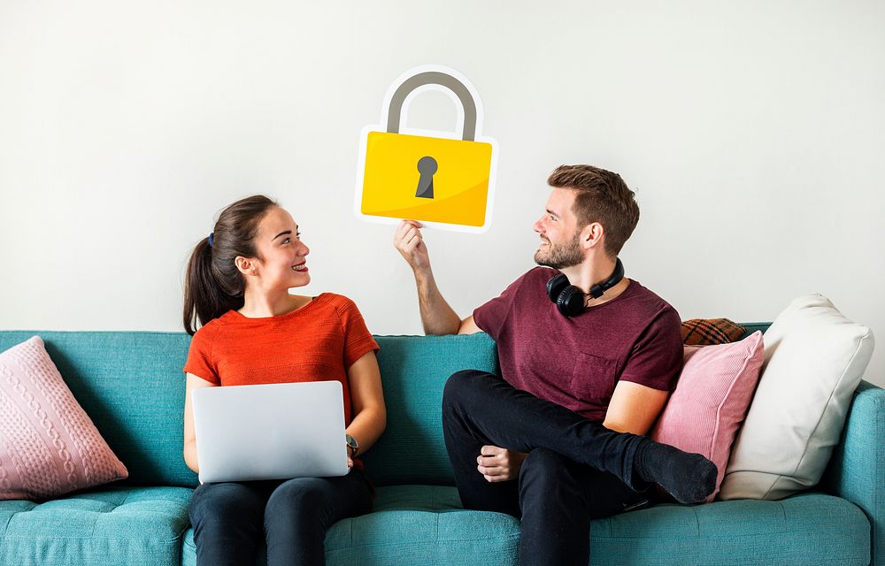 Couple with cyber security lock icon