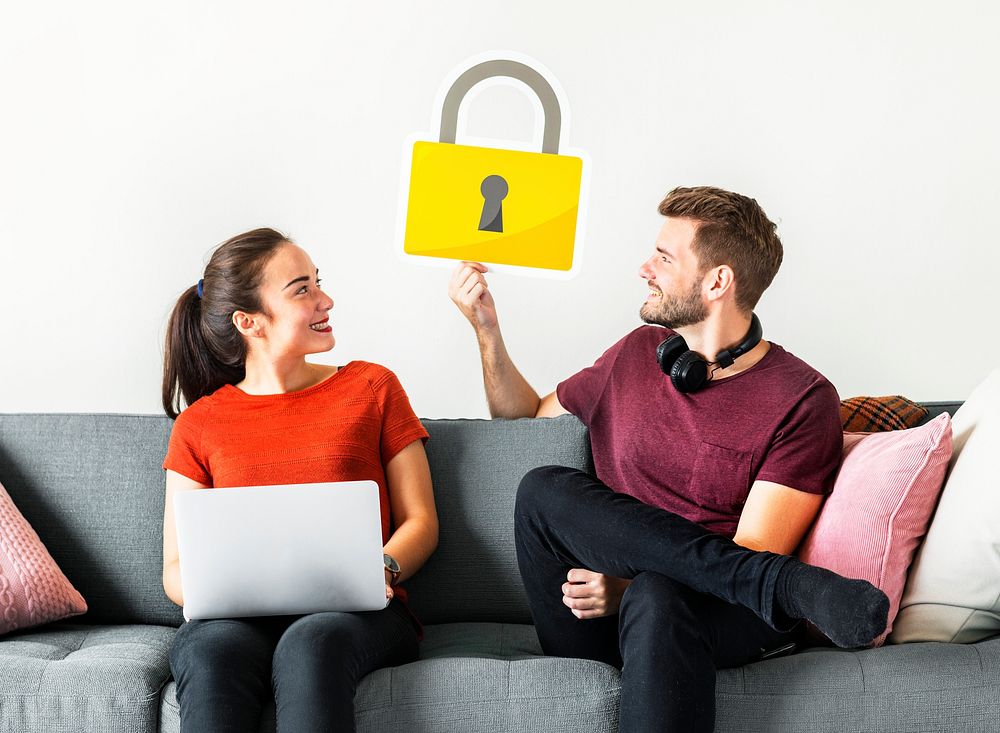 Couple with cyber security lock icon