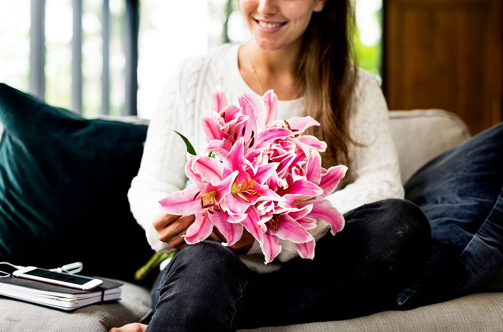 Woman with lily flower bouquet