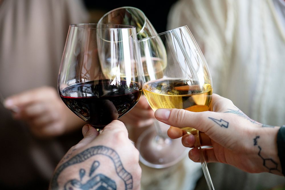 People cheering with glasses of wine