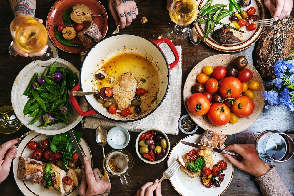 Large family having dinner at a table