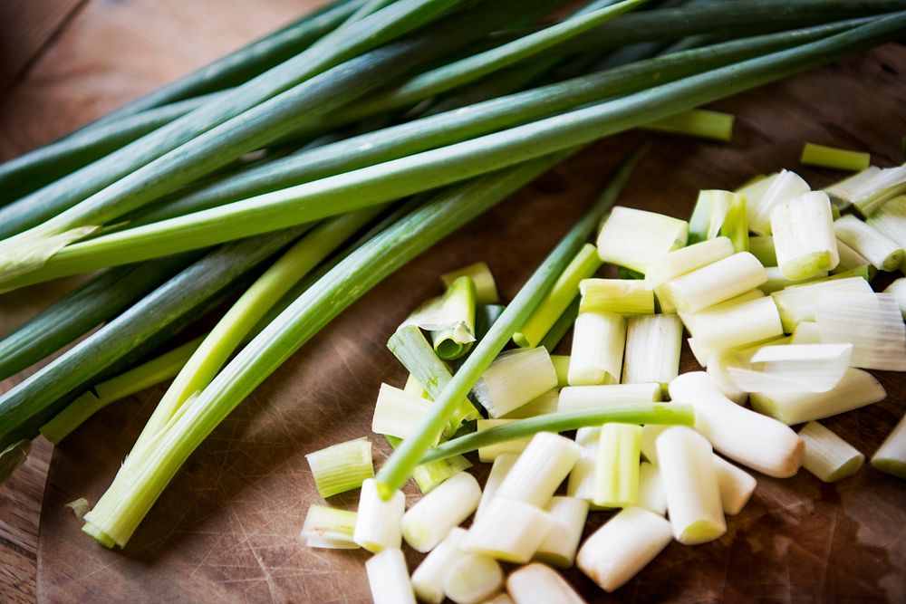 Closeup of freshly cut spring onions