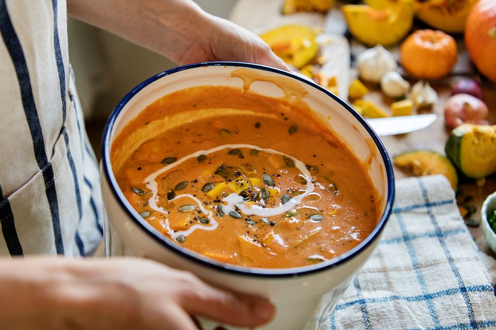 Pot of homemade pumpkin soup