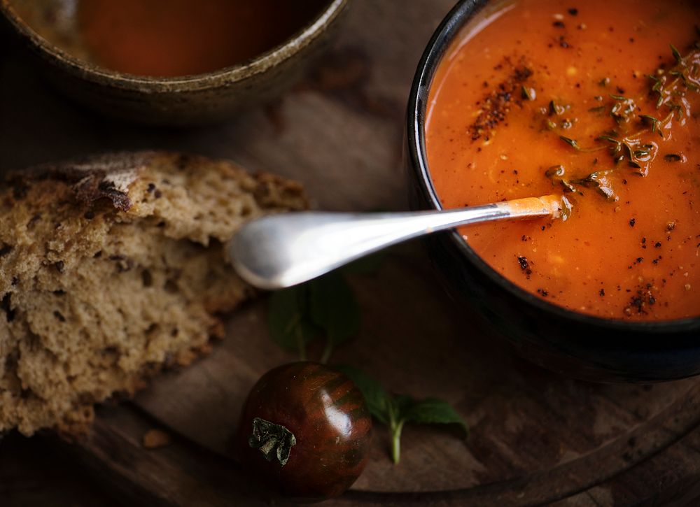 Close up of tomato soup food photography recipe idea