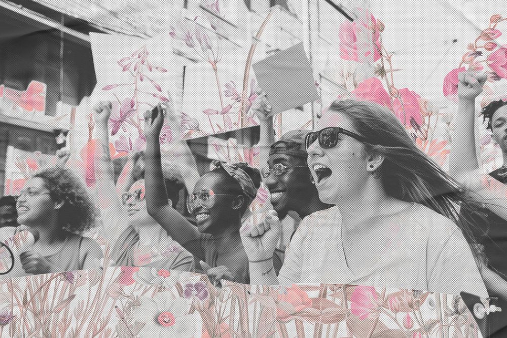 Human rights day protest teenagers cheering pink floral remix background
