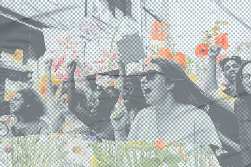 Human rights day protest psd teenagers cheering colorful floral remix background